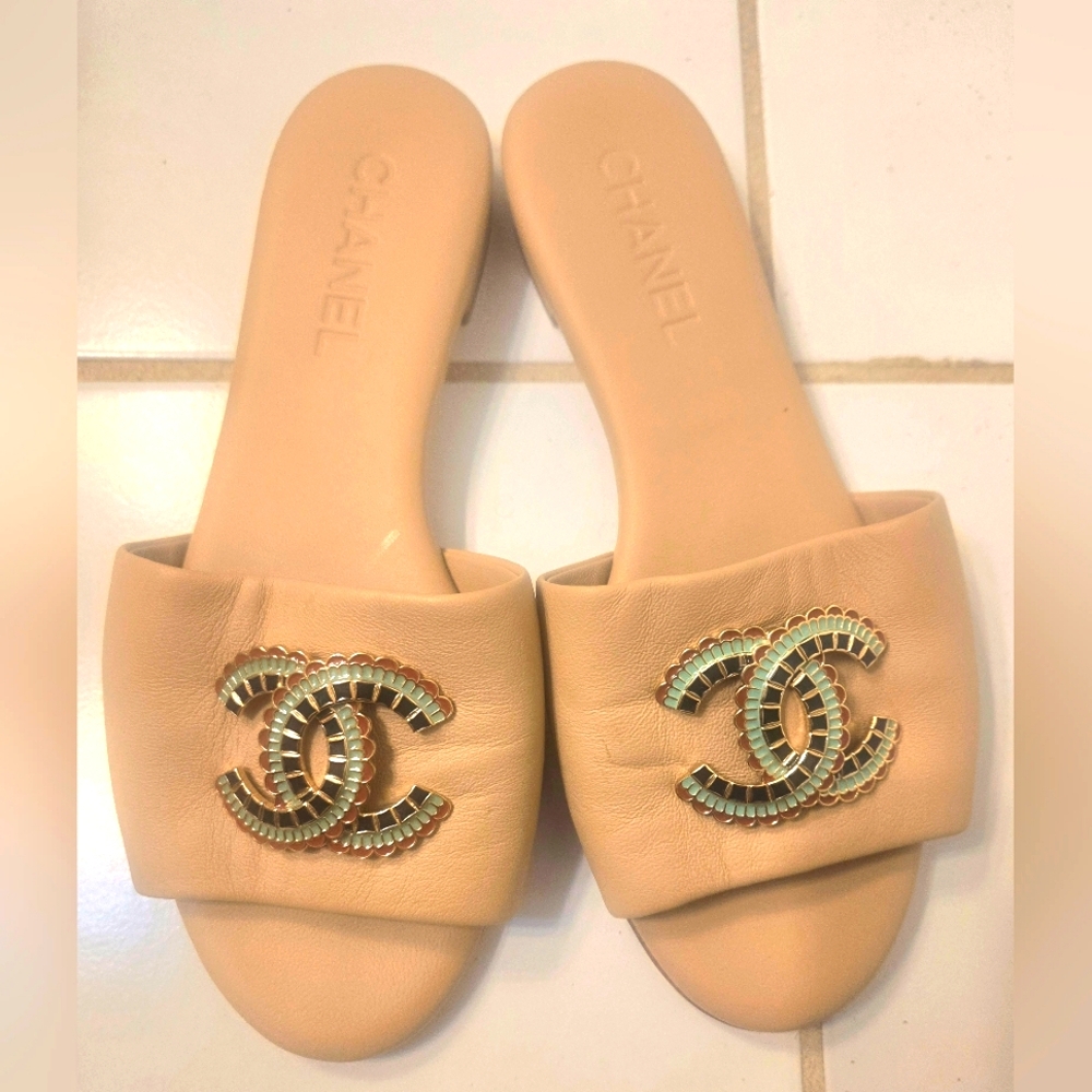 Authentic Chanel Logo Flat Slides Sandals